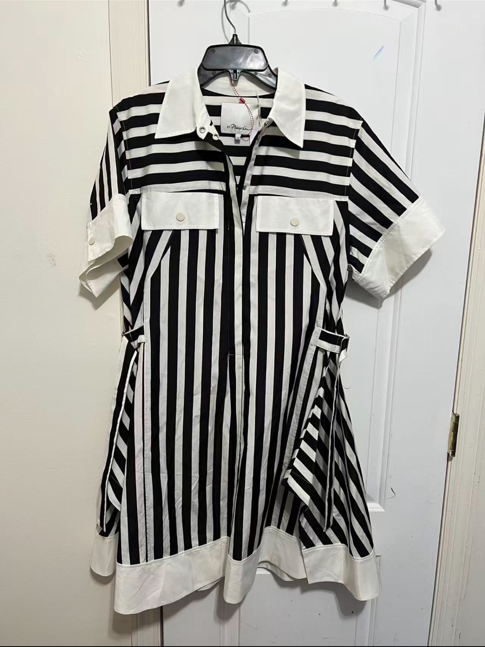3.1 Phillip Lim Black and White Striped Shirt Dress short sleeves with collar